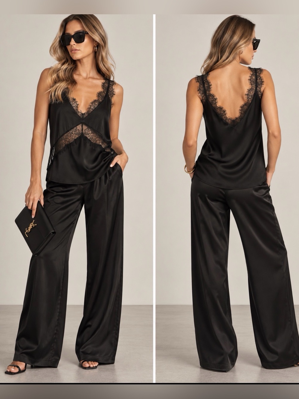 DO+BE Black Satin V-Neck Lace Trim Chemise Top